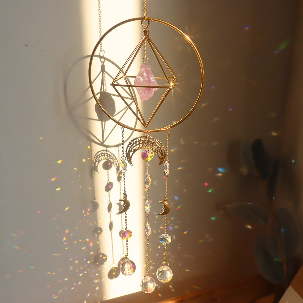 Crystal Wind Chime Star Moon Sun Catchers Windchimes Plated Colorful Beads