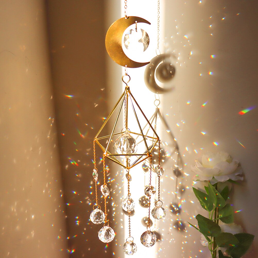 Crystal Wind Chime Star Moon Sun Catchers Windchimes Plated Colorful Beads