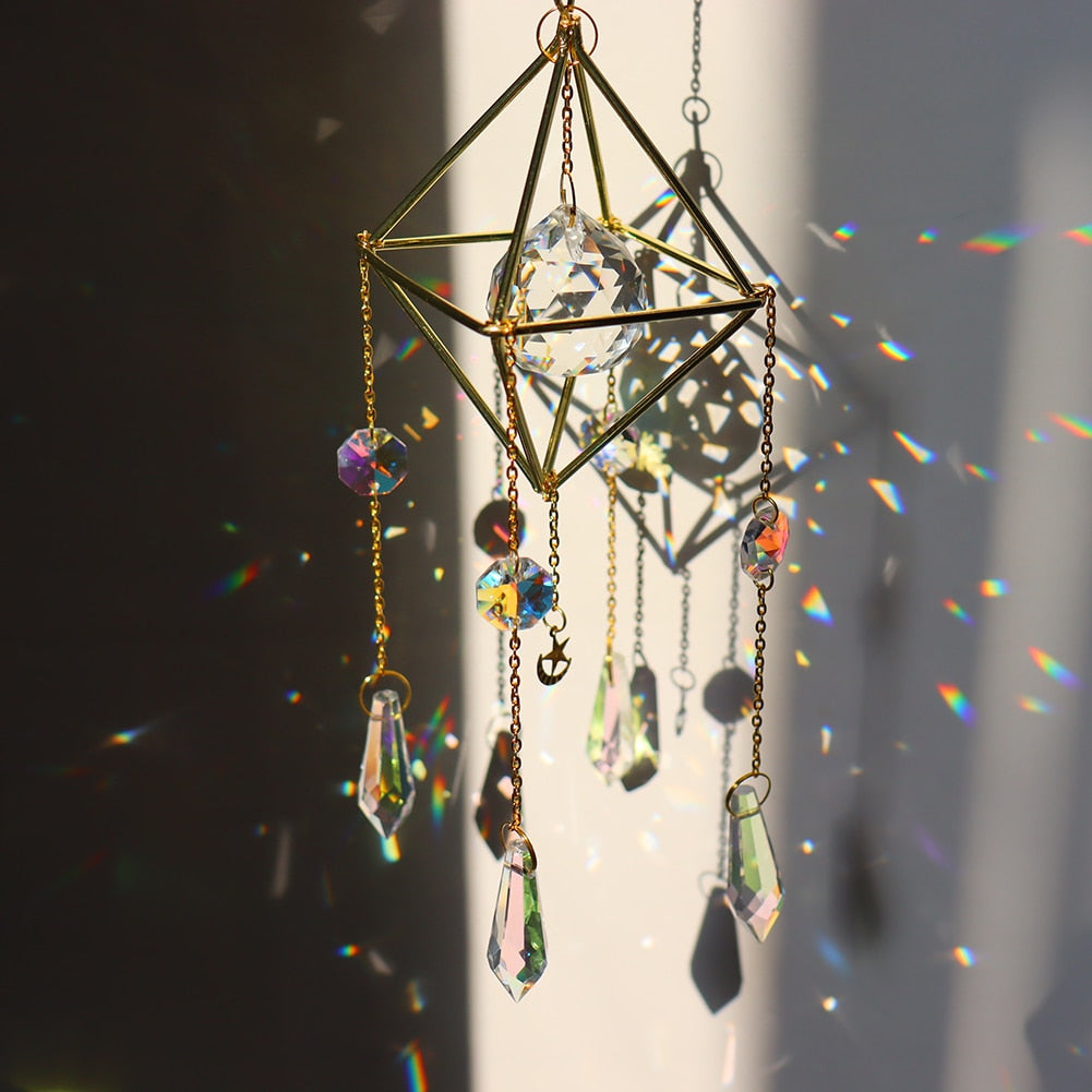 Crystal Wind Chime Star Moon Sun Catchers Windchimes Plated Colorful Beads